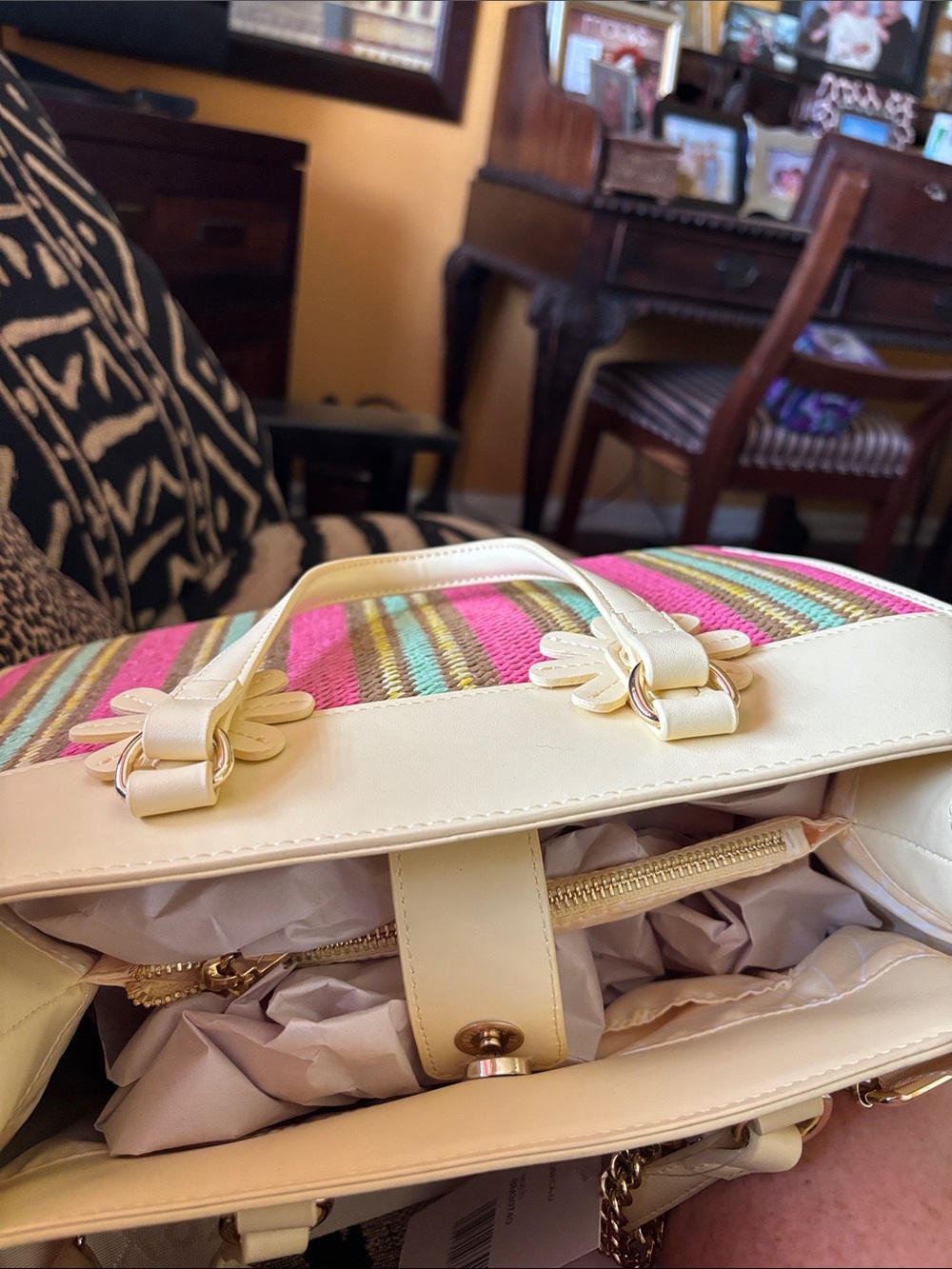 Yellow Multicolor Striped Tote Bag with Floral Charm - Picture 4 of 6
